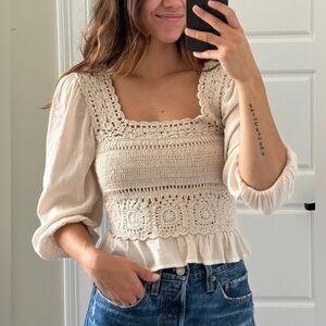 American Eagle Cream Crochet Bubble Sleeve Top